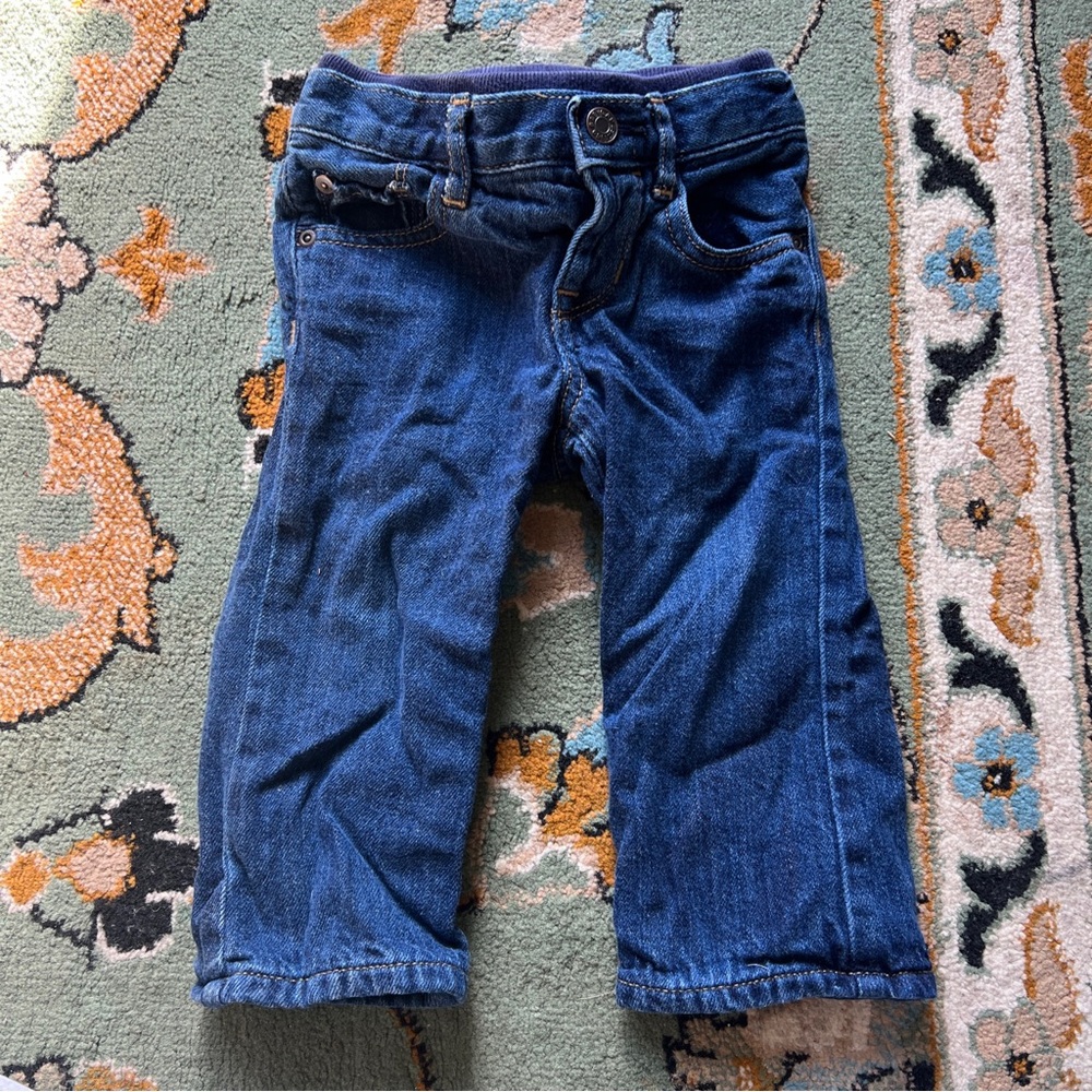 Baby Gap Baby Boy 12-18M Blue Jeans Lined Watch Plaid Snap Closed Front
